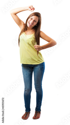 portrait of young woman dancing isolated on white