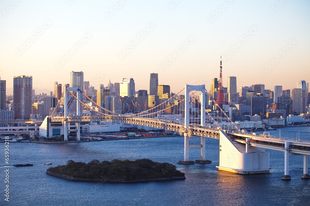 View of Tokyo bay and rainbow bridge in sunset time