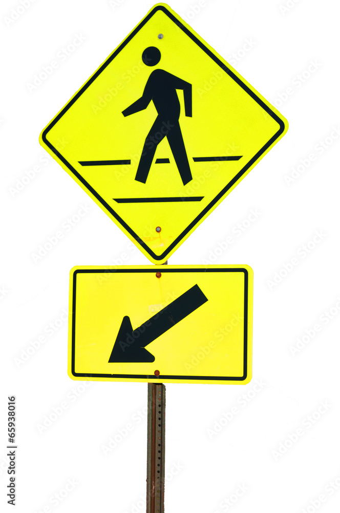 Crosswalk sign with a man walking on yellow flash isolated on wh Crosswalk sign with a man walking on yellow flash isolated on wh