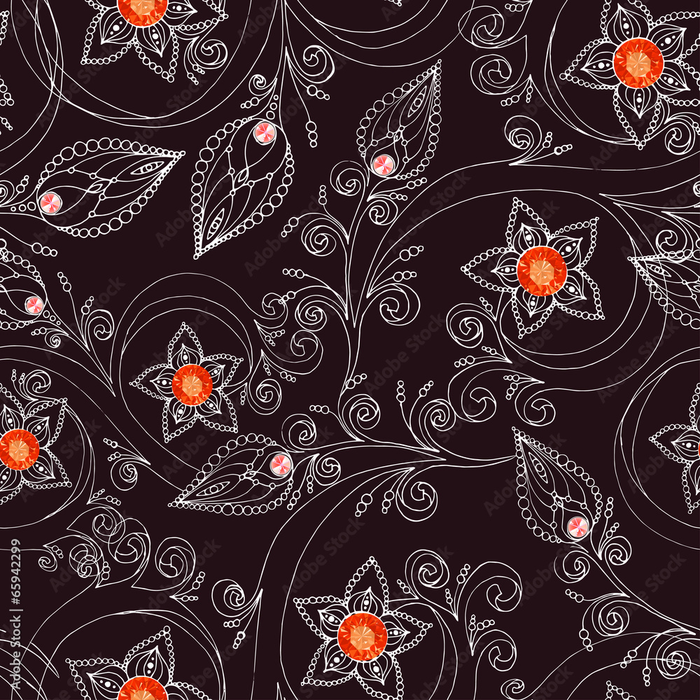 Seamless pattern with flowers, doodles, and rubies Seamless pattern with flowers, doodles, and rubies