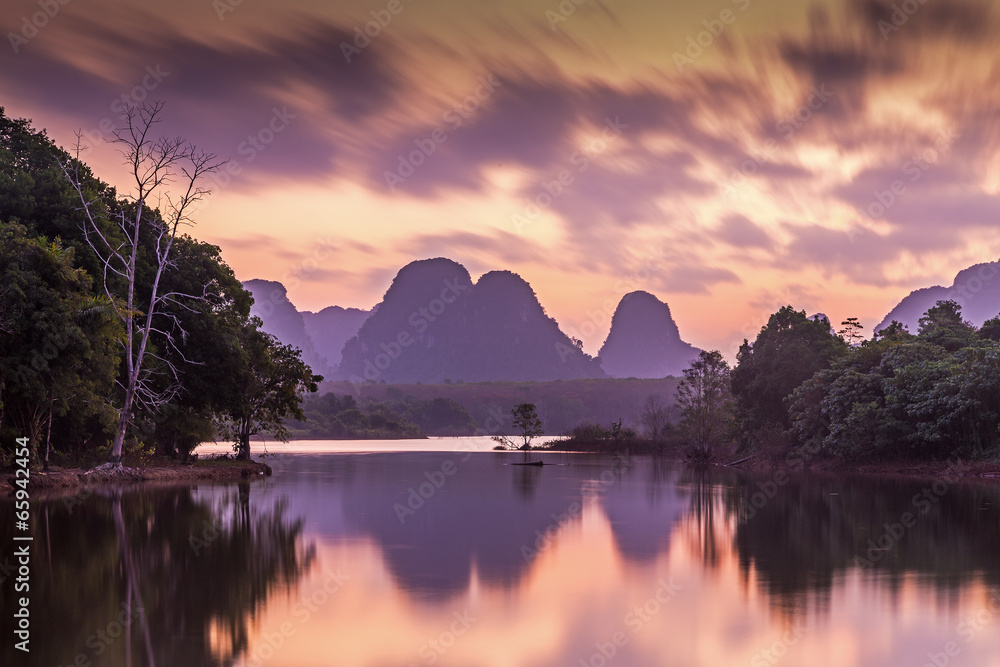 beautiful mountain and waters landscape at sunrise in Krabi