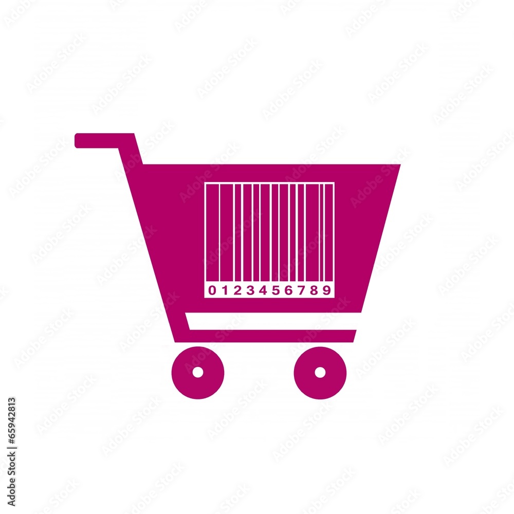 Code-barres sur un caddie de supermarché rose Code-barres sur un caddie de supermarché rose