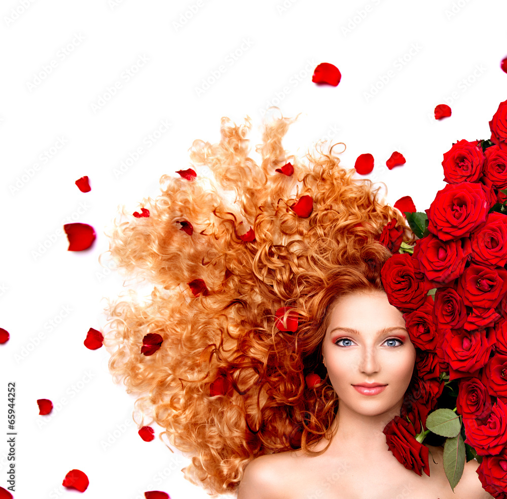 Beauty woman with long curly red hair and beautiful red roses Stock ...