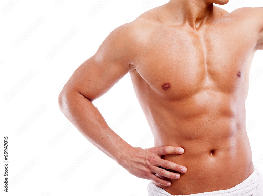 Muscular man in towel, isolated on white background
