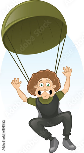 Vector cartoon frightened paratrooper flying to the ground