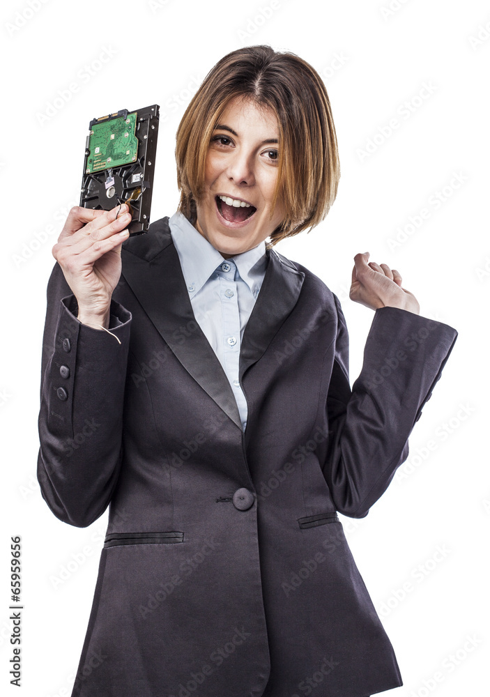 Portrait of happy young business woman with a hard drive Portrait of happy young business woman with a hard drive