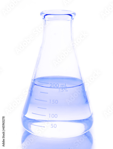 A blue liquid in an erlenmeyer flask isolated  background.