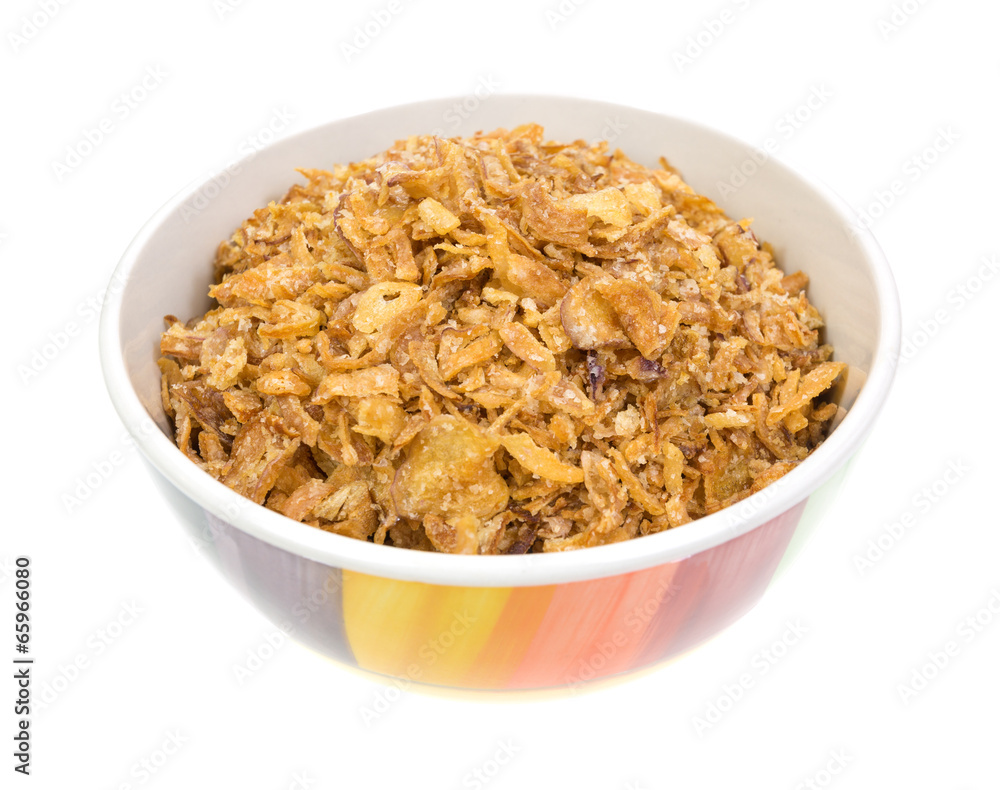 Colorful bowl of deep fried onions Colorful bowl of deep fried onions
