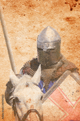 Armored knight on warhorse - retro postcard