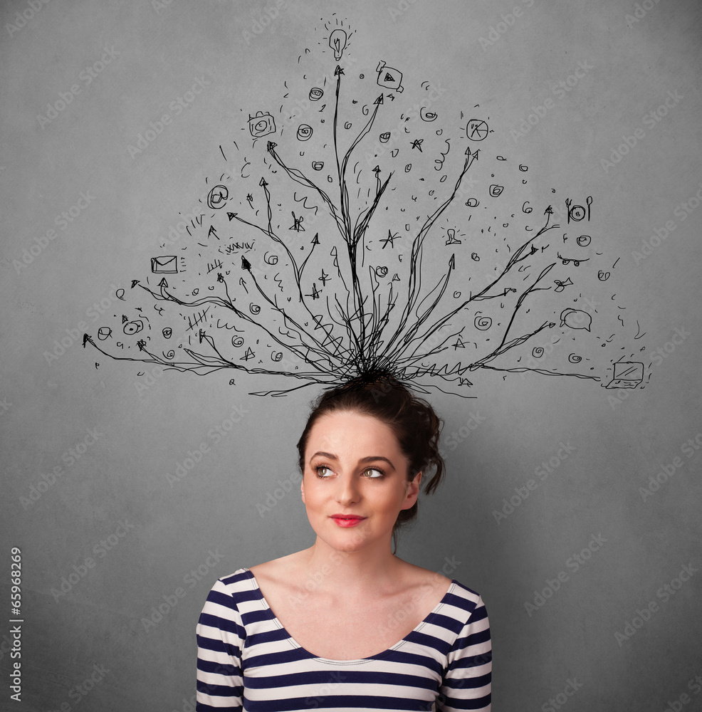 Young woman with tangled lines coming out of her head Young woman with tangled lines coming out of her head