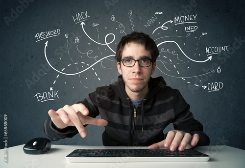 Young hacker with white drawn line thoughts