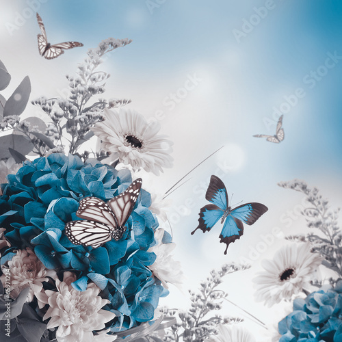 Fototapeta Naklejka Na Ścianę i Meble -  Bouquet from blue hydrangeas and  butterfly, a flower background