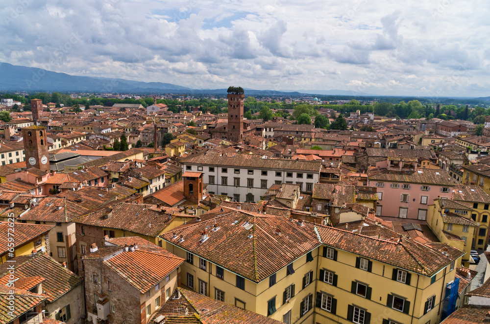 Cityscape of Lucca with Guinigi tower in front, Tuscany