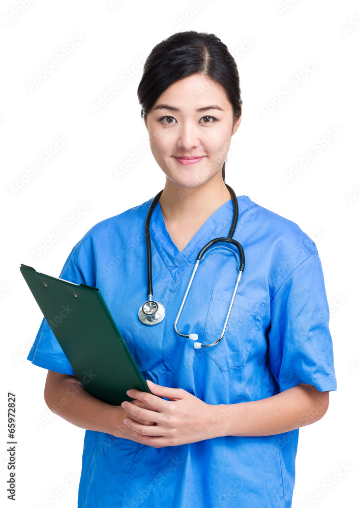 Doctor with blue gown and clipboard Doctor with blue gown and clipboard
