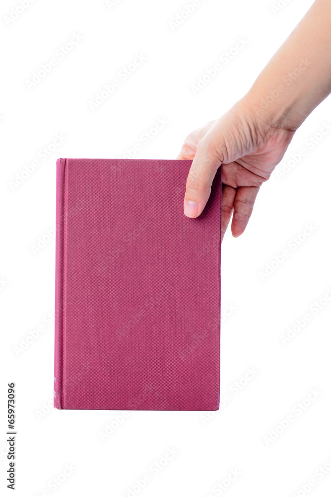Pink book with hand isolated on white background Pink book with hand isolated on white background