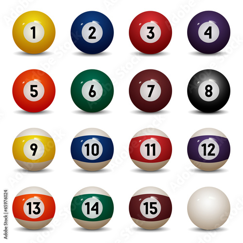 Isolated colored pool balls. Numbers 1 to 15 and zero ball