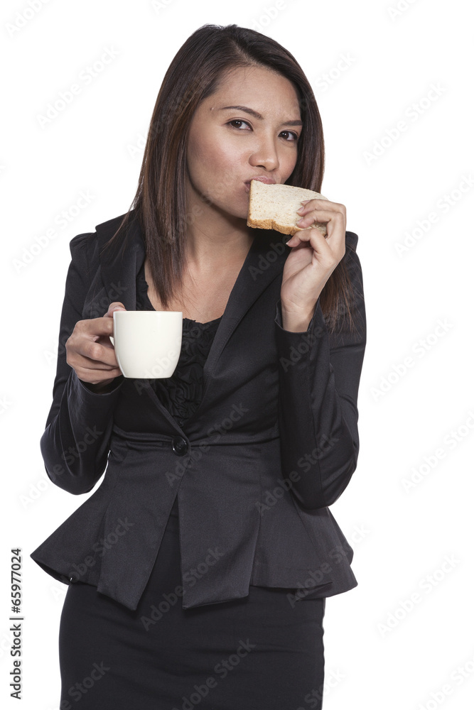 Business woman young pretty drinking coffee and breakfast Friend Business woman young pretty drinking coffee and breakfast Friend