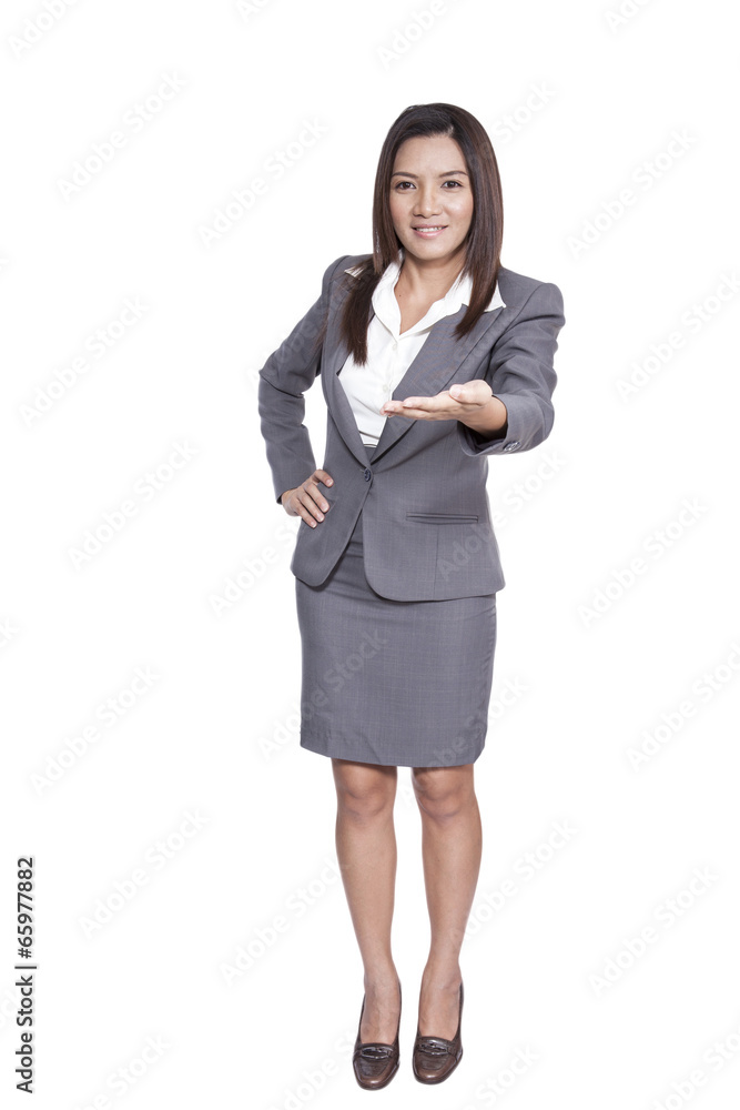 full body businesswoman gesture attractive presenting someting full body businesswoman gesture attractive presenting someting