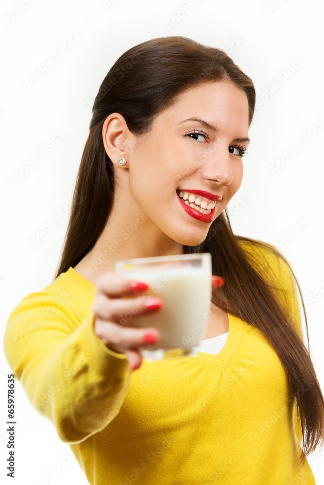 Cute young woman drinking milk, isolated on white Cute young woman drinking milk, isolated on white