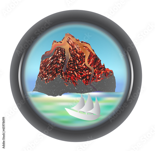 Telescope view of the volcano with a ship and sea