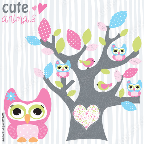 tree with owls vector illustration