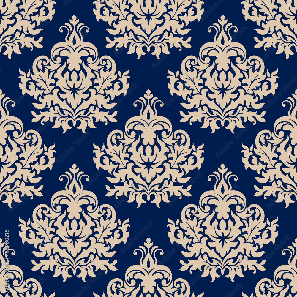 Blue damask seamless pattern with beige flourishes