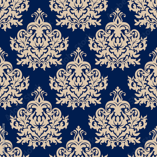 Blue damask seamless pattern with beige flourishes