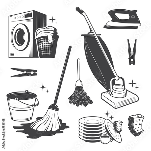 Set of black and white vintage cleaning tools.