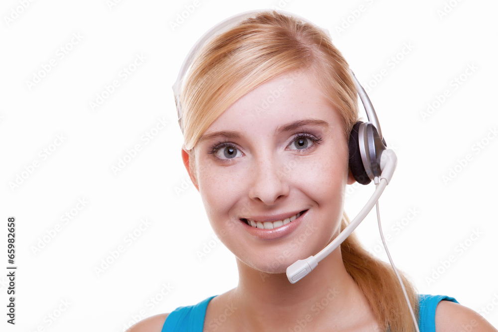 Girl with headphones and microphone headset on white Girl with headphones and microphone headset on white