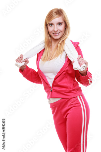 Sport woman fitness smiling girl with towel isolated on white