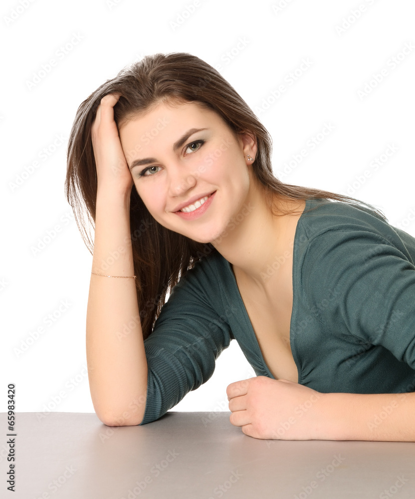 smiling woman sitting at the desk, isolated on white smiling woman sitting at the desk, isolated on white