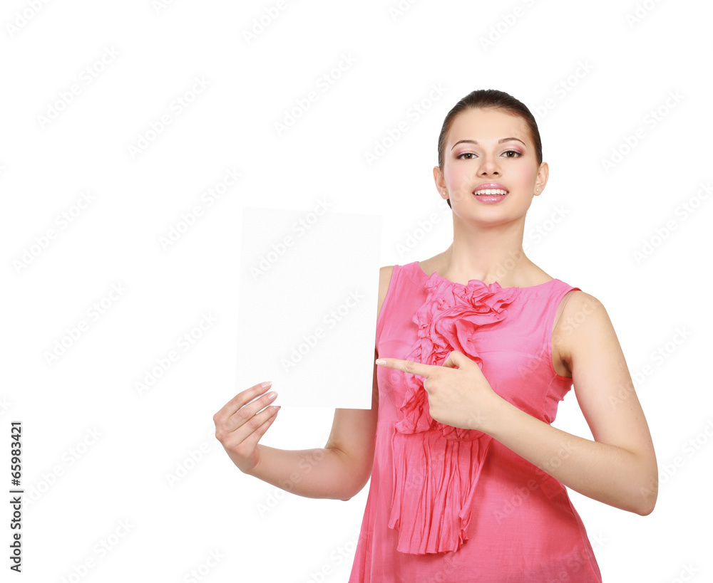 smiling woman with a blank, isolated on white background smiling woman with a blank, isolated on white background