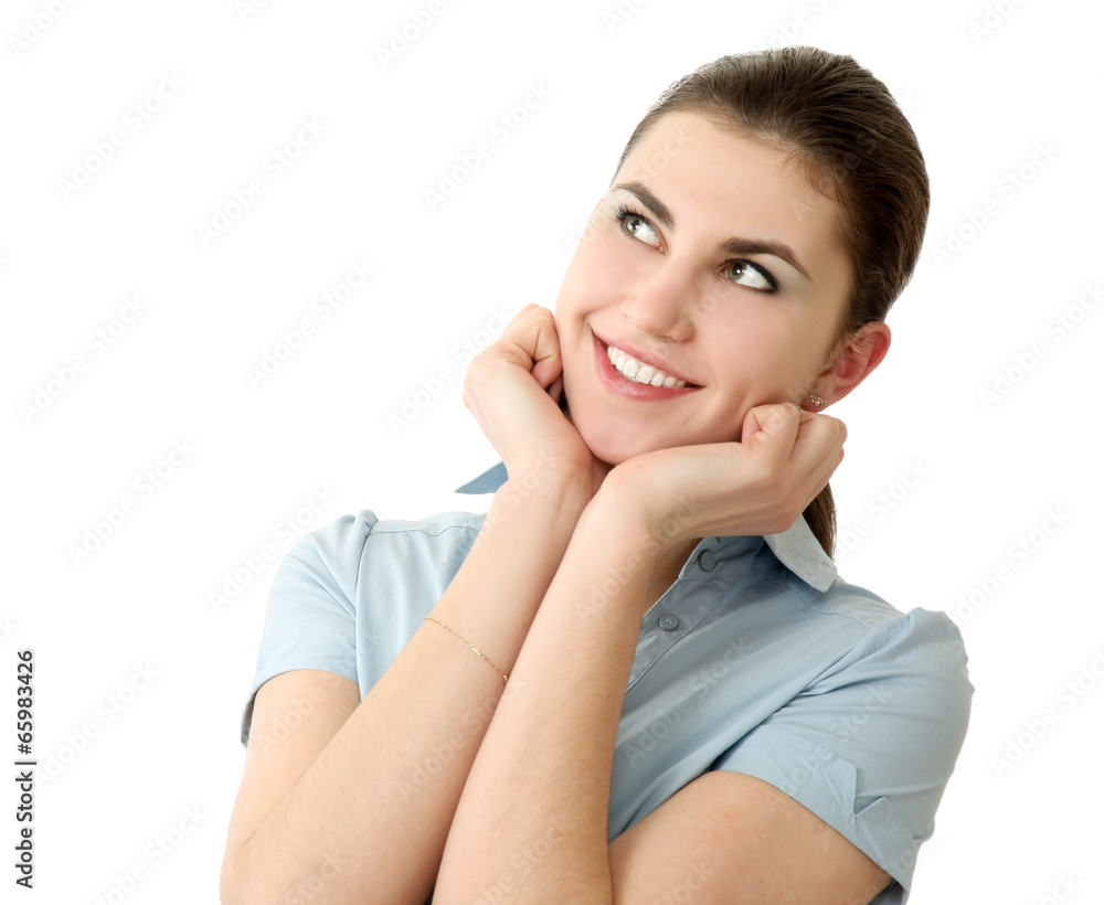 smiling woman in blouse with crossed hands on white background smiling woman in blouse with crossed hands on white background