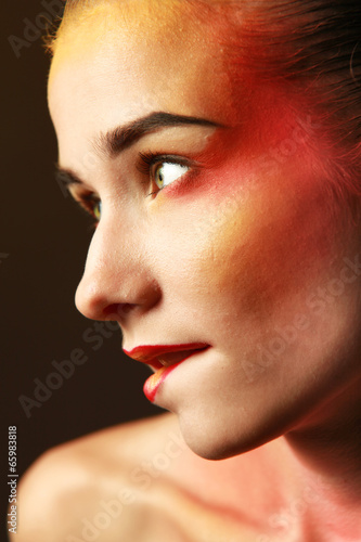 beautiful make up of bright lips, isolated on grey background