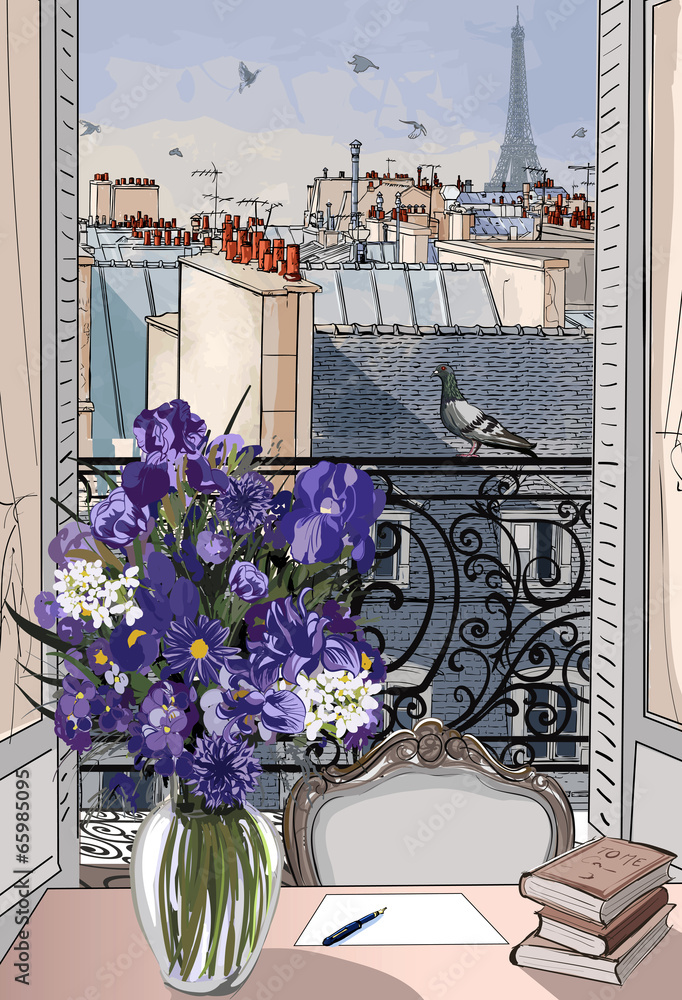 Fototapeta otwarte okno na dachy Paryża