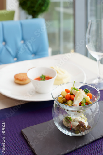 Cutlets, potato mash and vegetable salad
