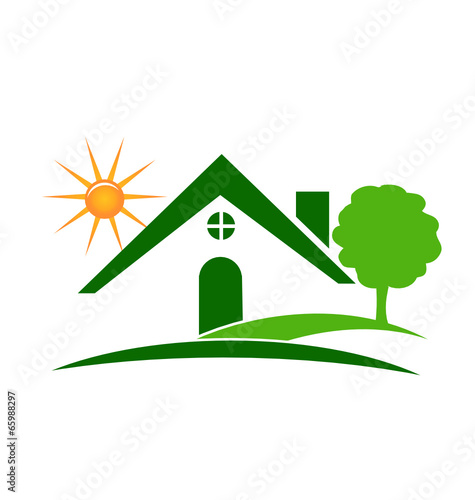 Real estate green house tree and sun logo vector