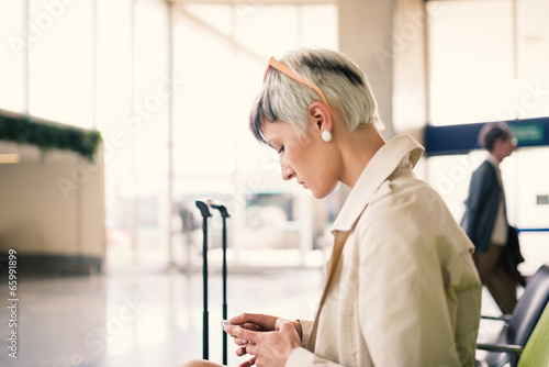 Businesswoman sending message with mobile phone at Charles de Ga photo