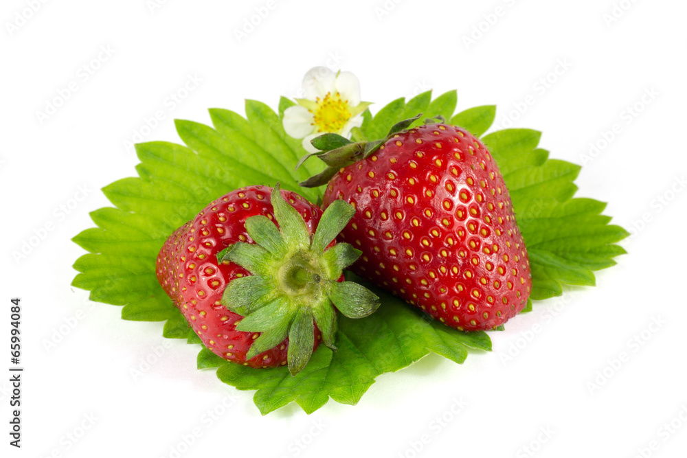 Strawberries on green leaf isolated on white Strawberries on green leaf isolated on white