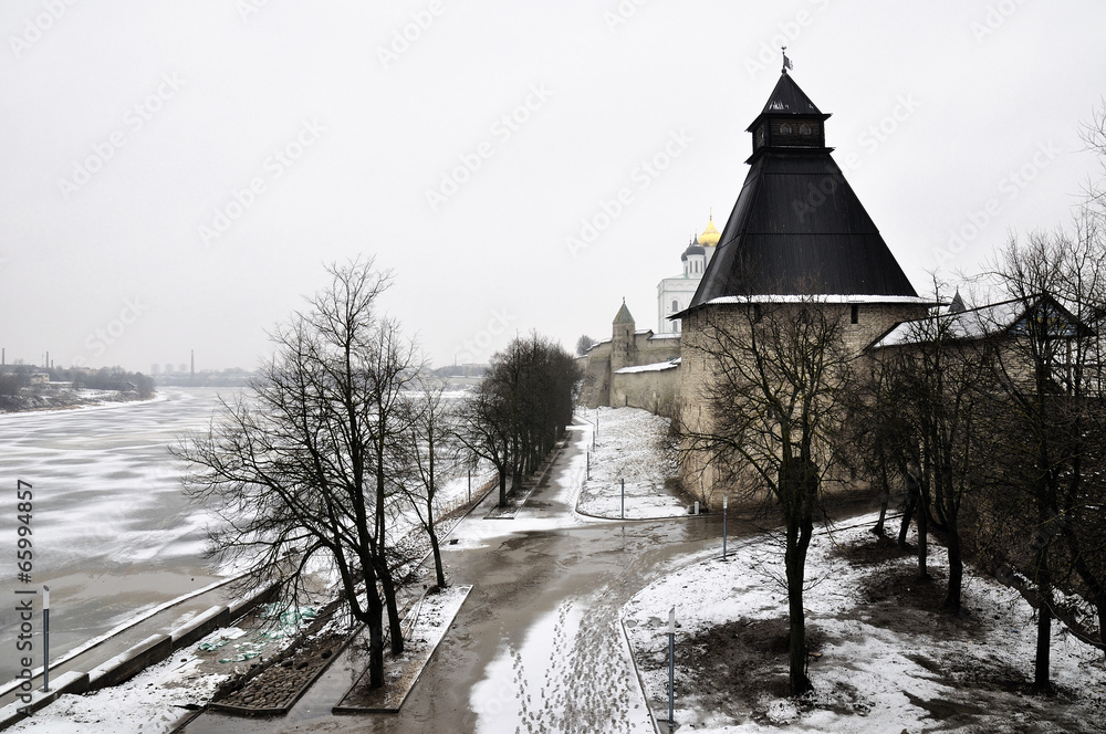 River view on Pskov Kremlin, Krom in winter time
