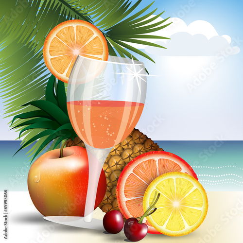 a glass of multifruit juice with ice