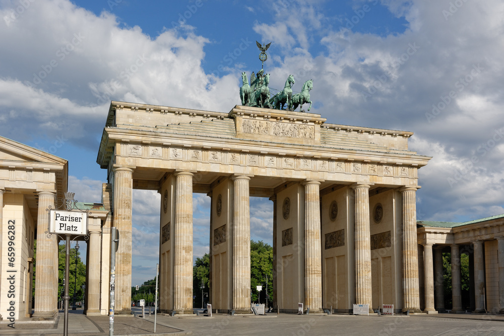 Brandenburg Gate with Pariser Platz street sign in Berlin, Germa