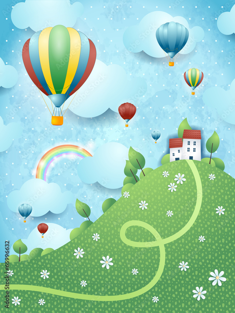 Fototapeta premium Fantasy krajobraz z wzgórzem i balonami na ogrzane powietrze