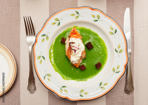 Seabass with herbs and spinach puree