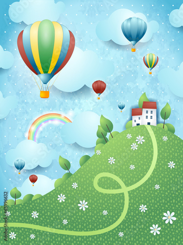 Fantasy landscape with hill and hot air balloons