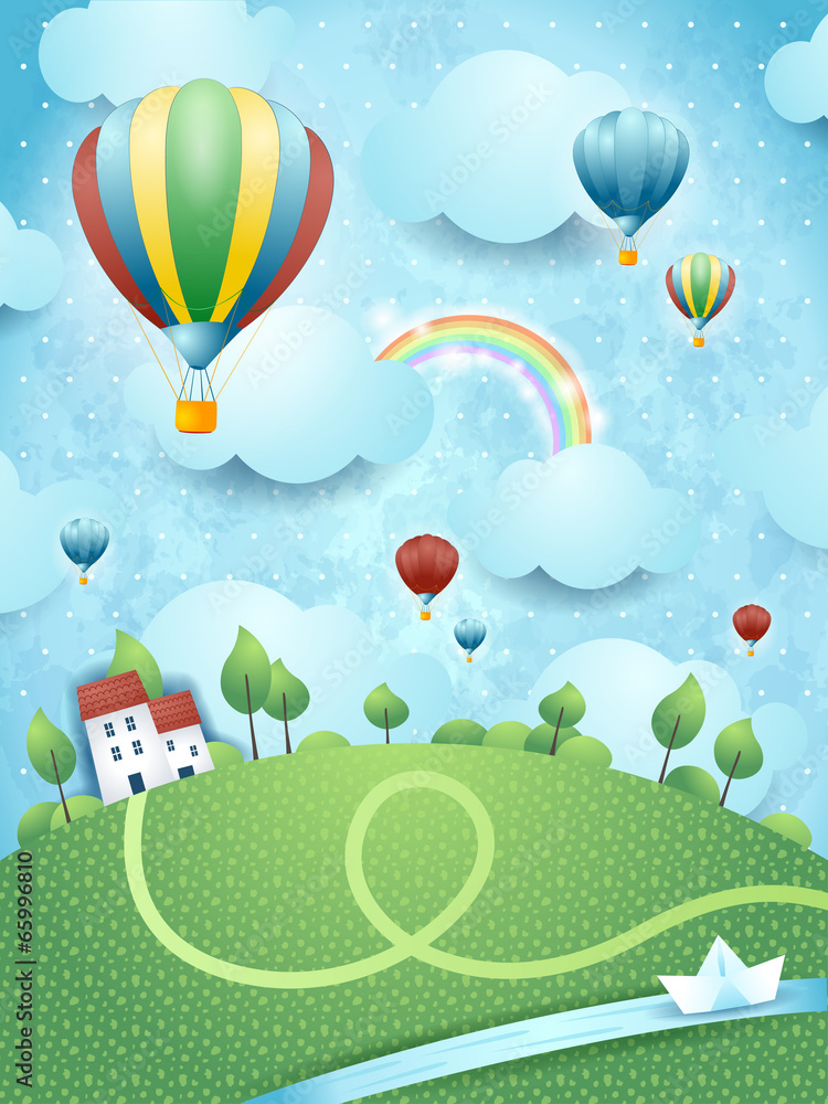 Fototapeta premium Fantasy krajobraz z balonów na ogrzane powietrze i rzeki