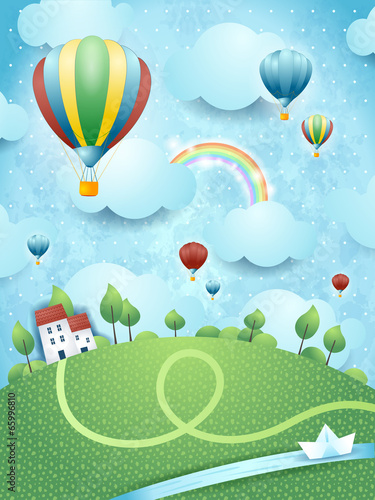 Krajobraz fantasy z balonów na ogrzane powietrze i rzeki