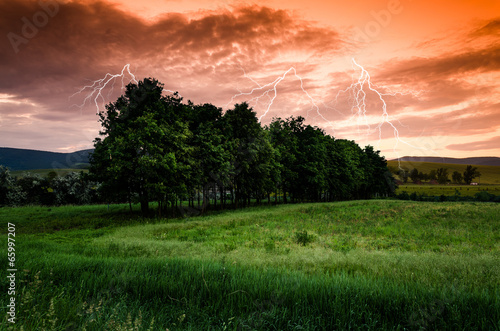 Thunderstorm with lightning in green meadow © klagyivik