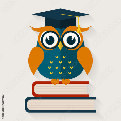 Wise owl sitting on the books. Vector illustration.