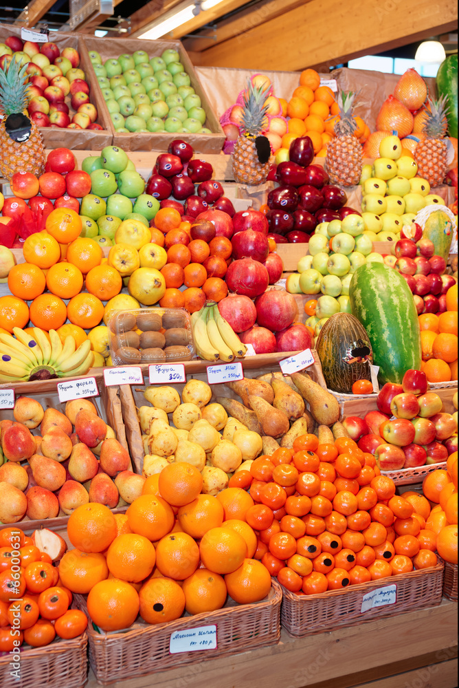 Shelf with fruits on farm market